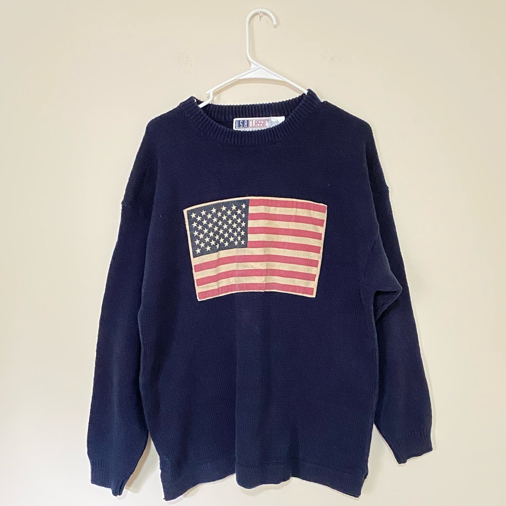 Vintage Unisex Navy U.S.A. Classic American Flag Crewneck Sweater Size Large
